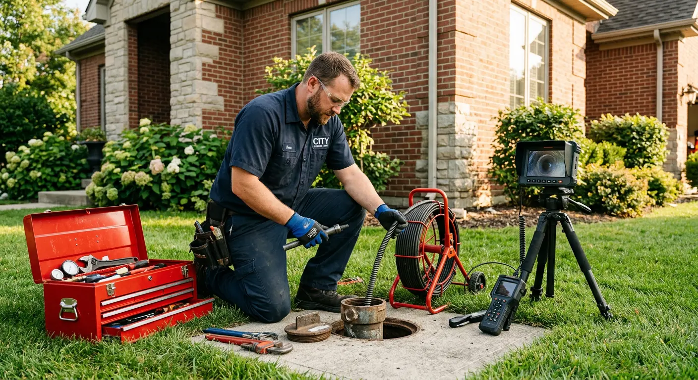 Sewer specialist with camera equipment servicing a cleanout in Rigby
