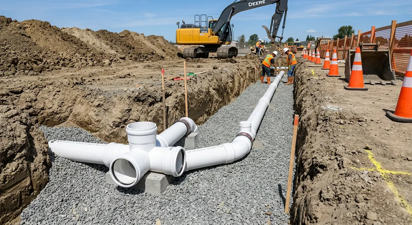 New PVC sewer pipe installation in open trench for Sewer Backup in Rigby