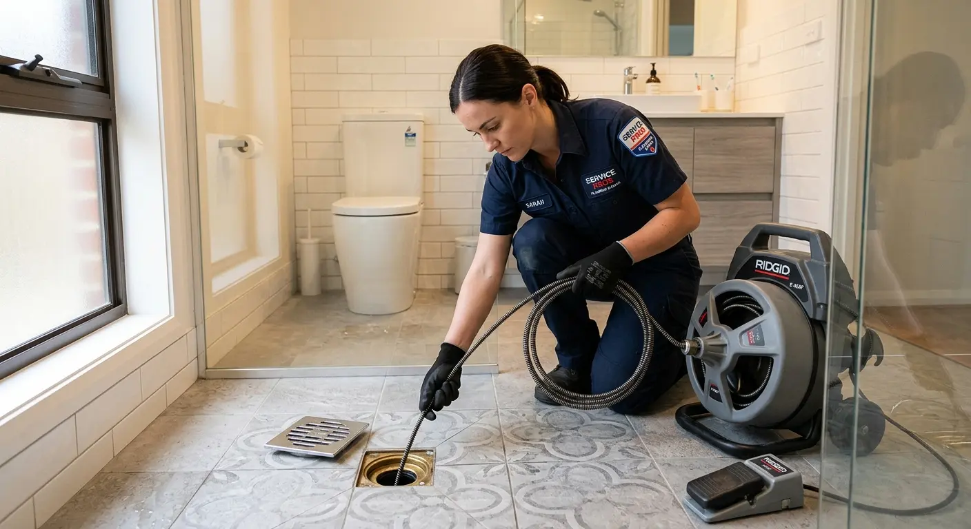 Technician clearing a bathroom floor drain for Drain Repair in Rigby